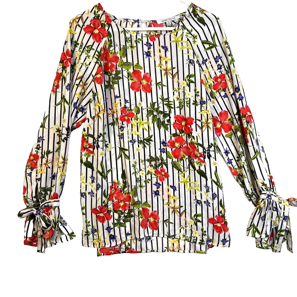 Rose & Olive Blouse Women's Small Black White Pink Floral Cottage Feminine
